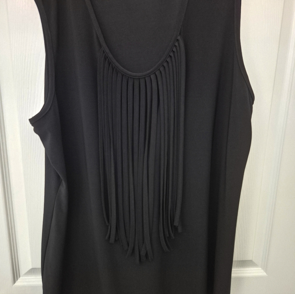 Black Fringe Sleeveless Tunic Top, Tank, Fringe Artex Fashions 2X T